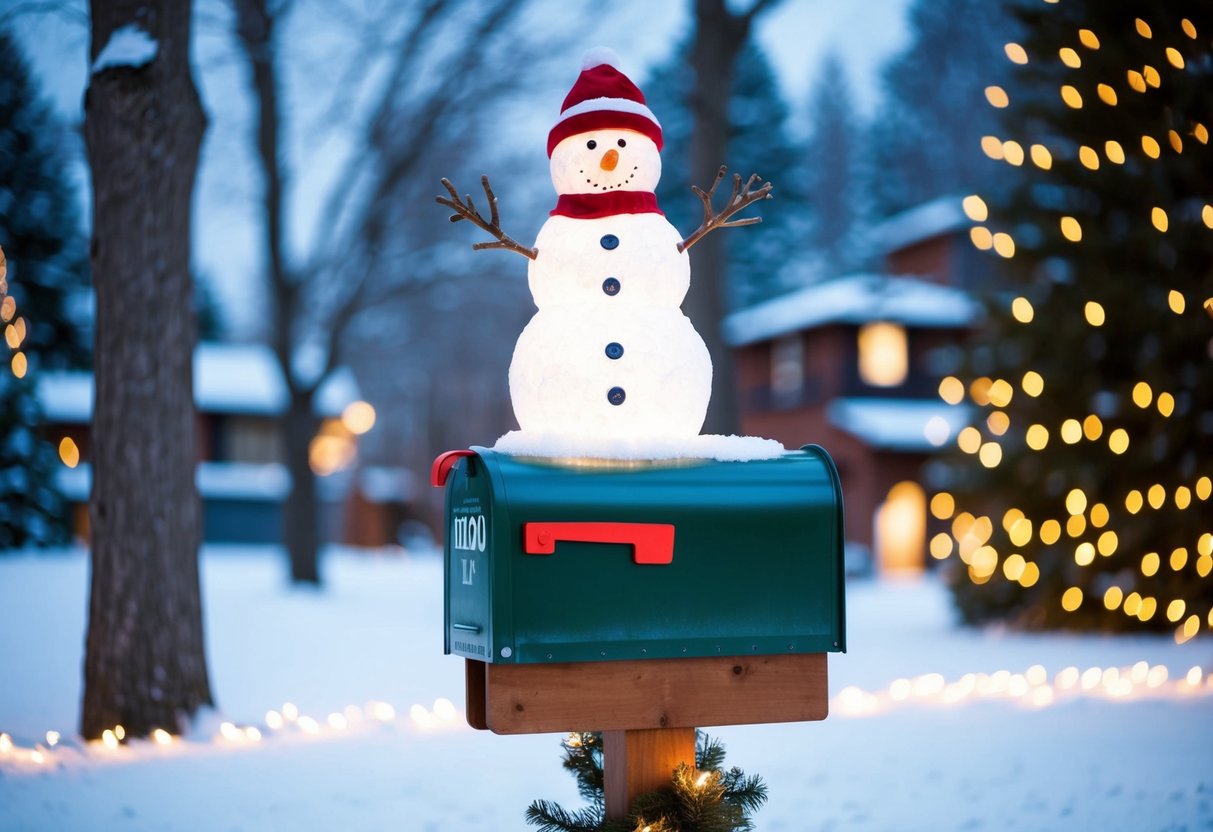 A snowman mailbox topper sits atop a festive mailbox, surrounded by snowy trees and twinkling holiday lights