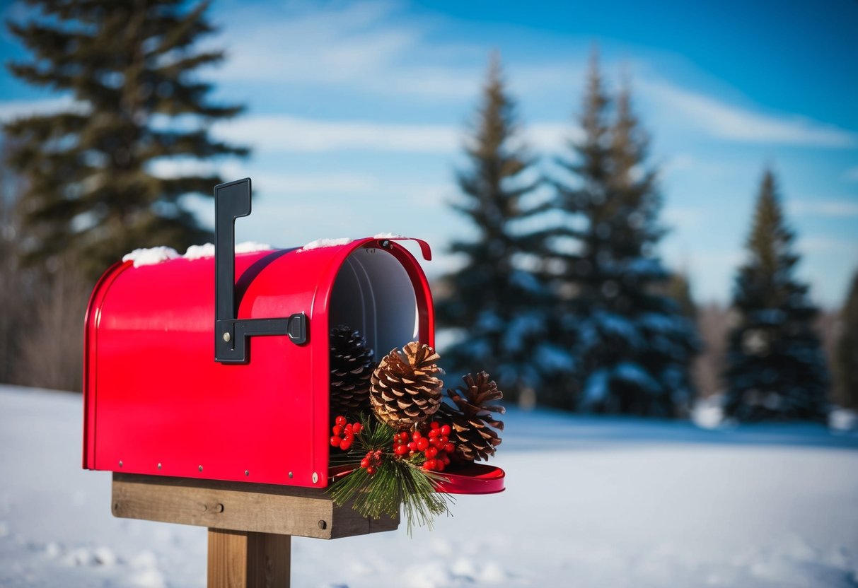 A red mailbox adorned with winter berries and pinecones sits against a backdrop of snowy trees and a clear blue sky