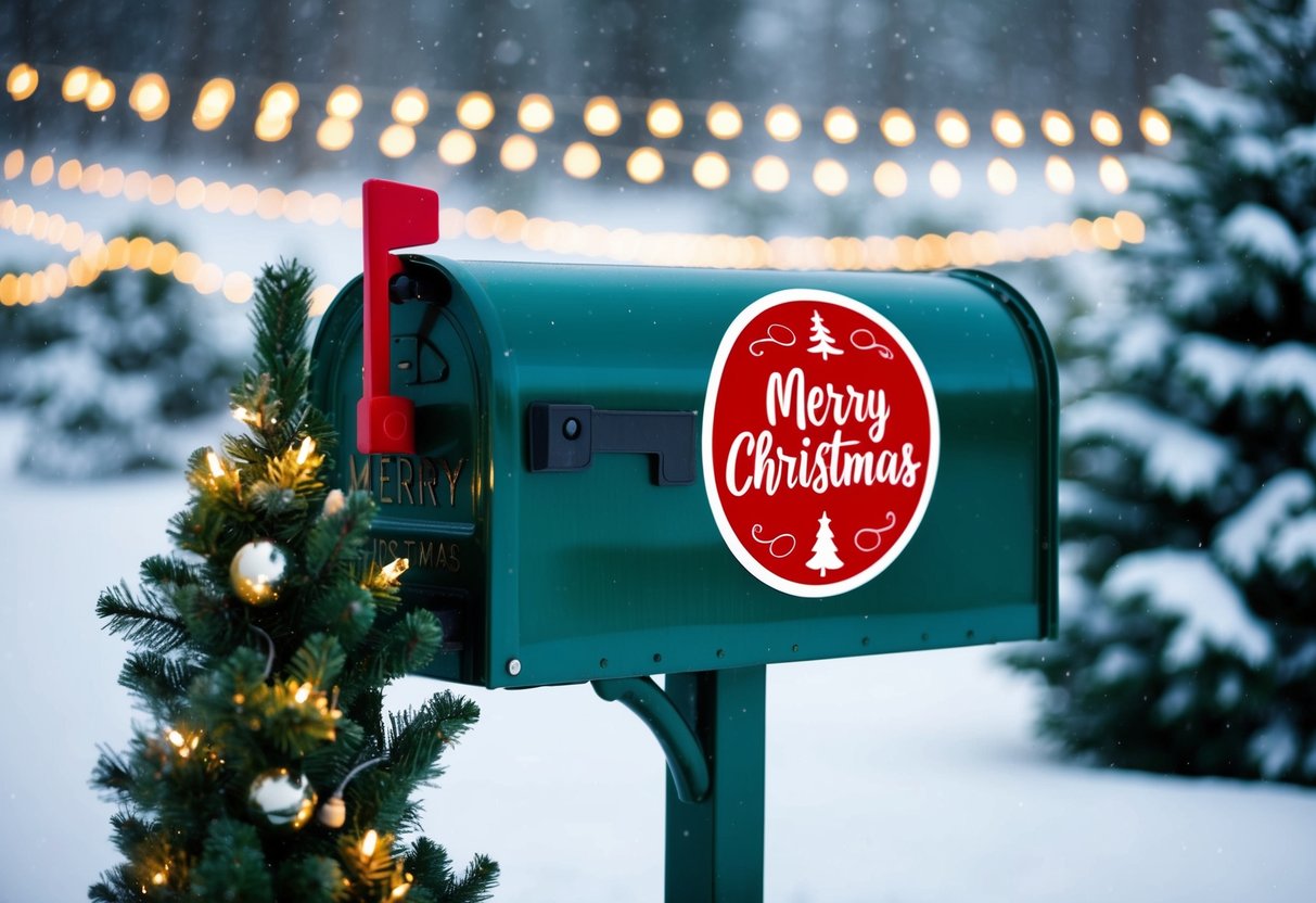 A festive mailbox adorned with a Merry Christmas decal surrounded by snowy landscape and twinkling holiday lights