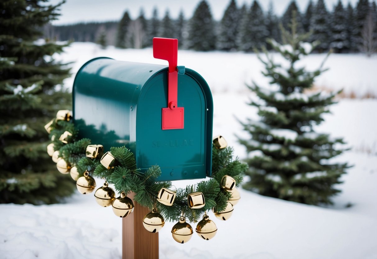 A festive mailbox adorned with jingle bells garland and surrounded by snowy landscape and evergreen trees