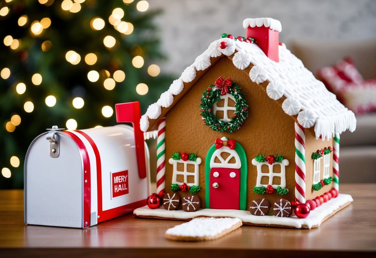 A cozy gingerbread house nestled beside a festive mailbox adorned with twinkling lights and holiday decorations