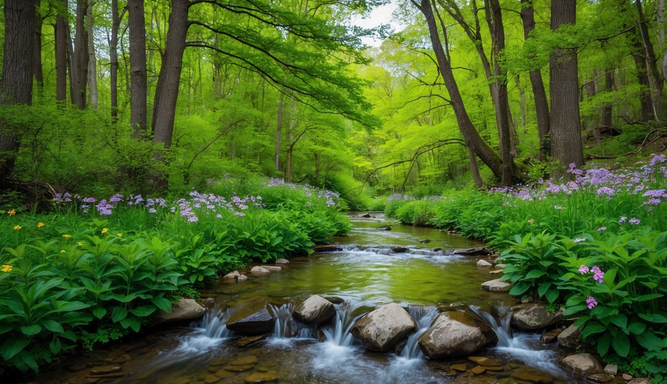 En fredelig skog med livlig, frodig løvverk og en klar bekk, omkranset av blomstrende villblomster