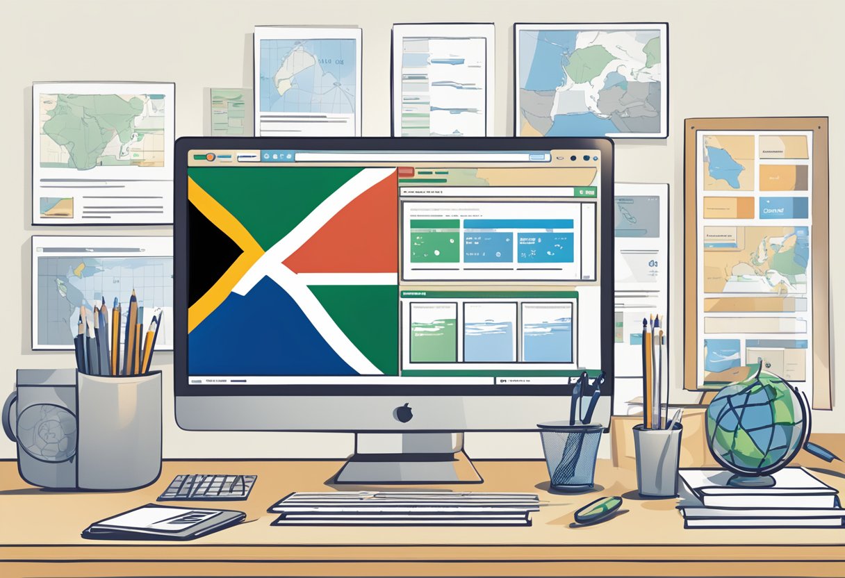 A computer screen displaying a website with a South African flag and various web design price listings. A designer's desk with drawing tools and a globe in the background