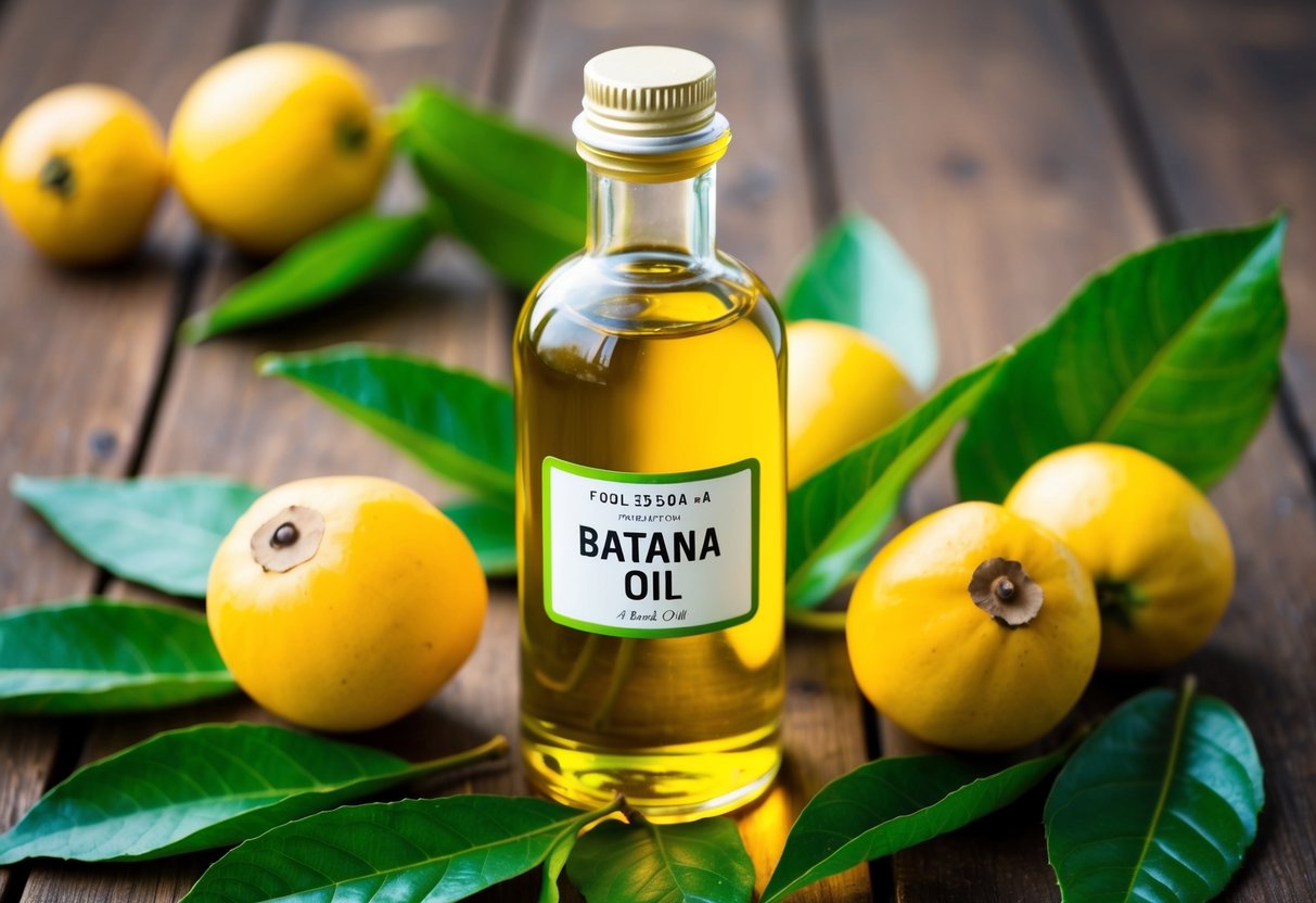 A clear glass bottle of batana oil sits on a wooden table, surrounded by fresh batana fruit and leaves. The oil inside is a rich golden color, and the bottle is labeled with the product's name