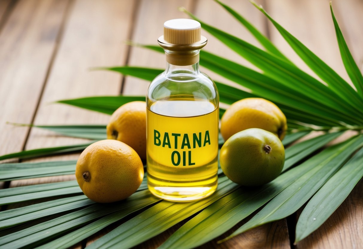 A clear glass bottle of batana oil sits on a wooden table, surrounded by fresh palm leaves and a few ripe batana fruits