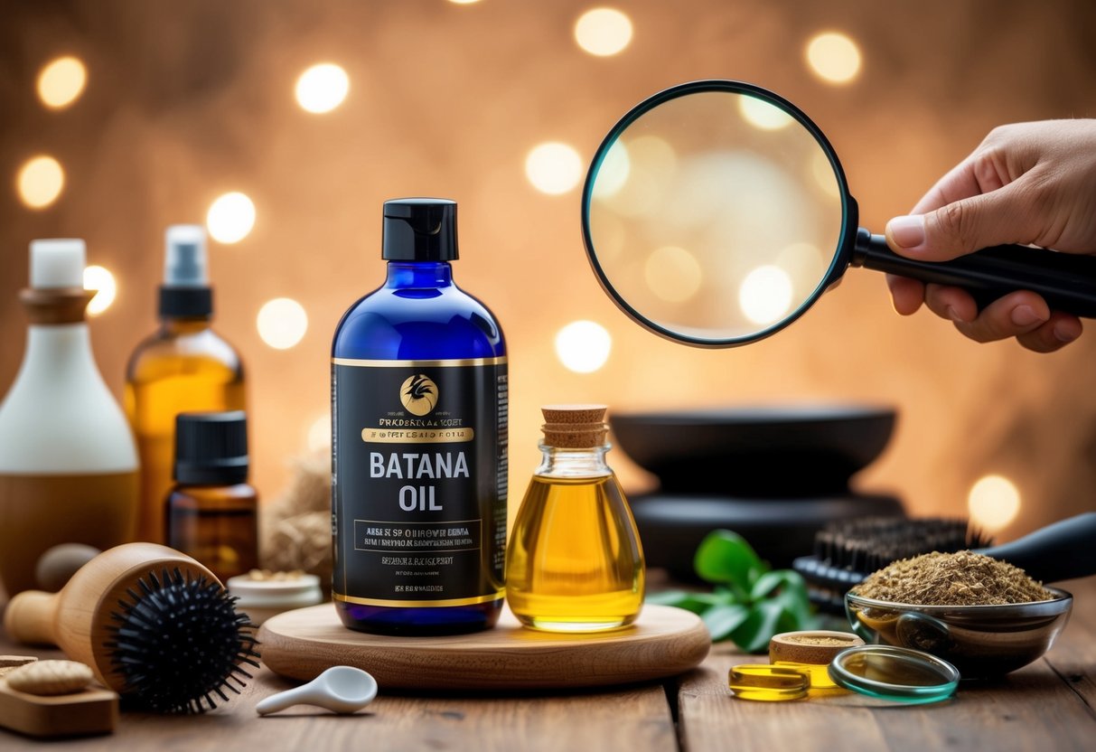 A bottle of batana oil sits on a wooden table, surrounded by various hair care tools and ingredients. A magnifying glass hovers over the bottle, examining its authenticity