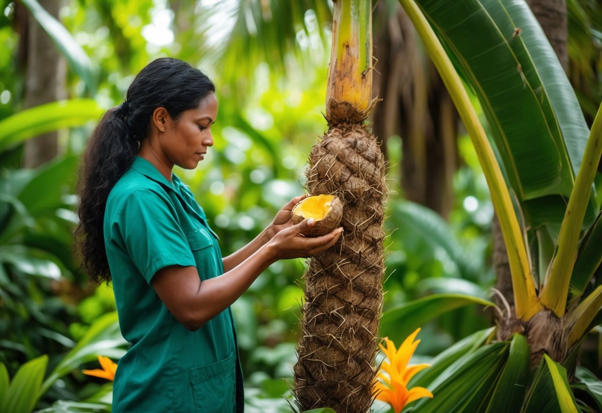 A tropical forest with a woman extracting oil from the nut of a palm tree. The woman is surrounded by lush greenery and vibrant flowers