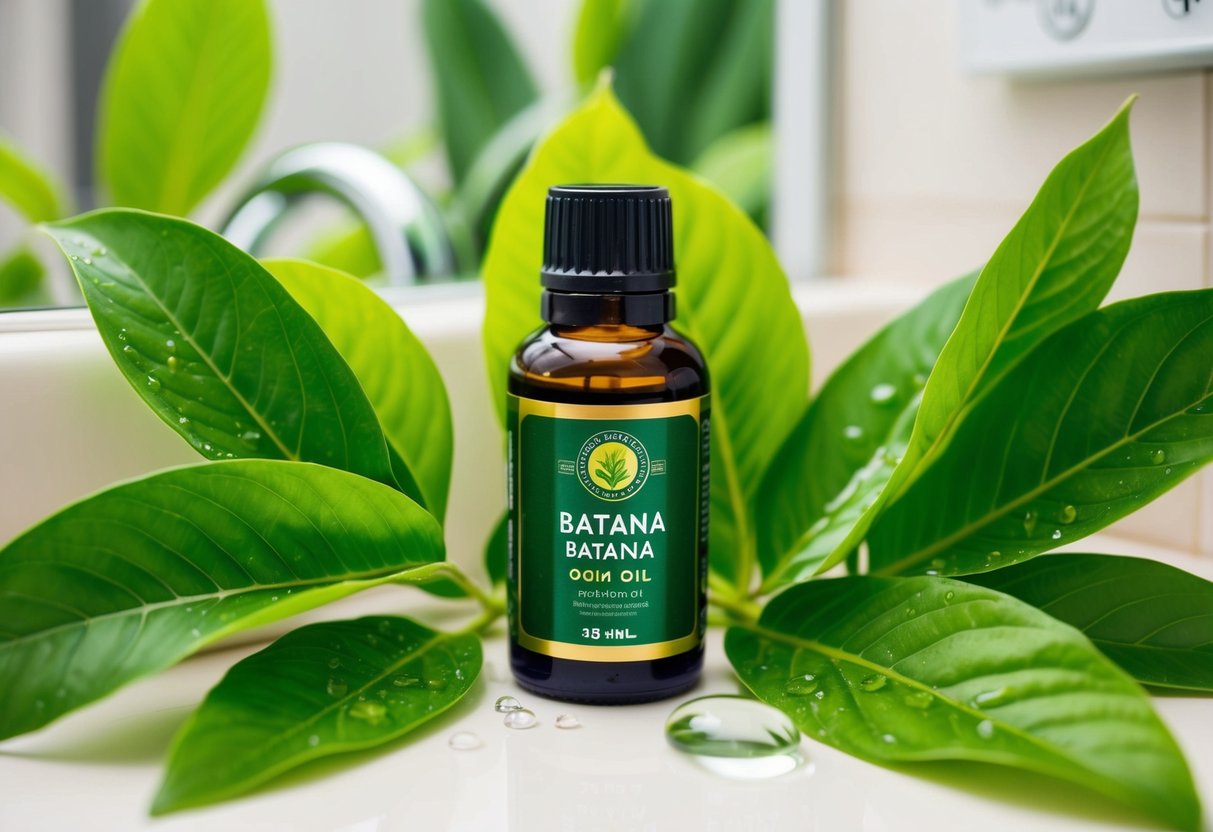 A bottle of batana oil sits on a bathroom counter, surrounded by lush green leaves and a few droplets of water