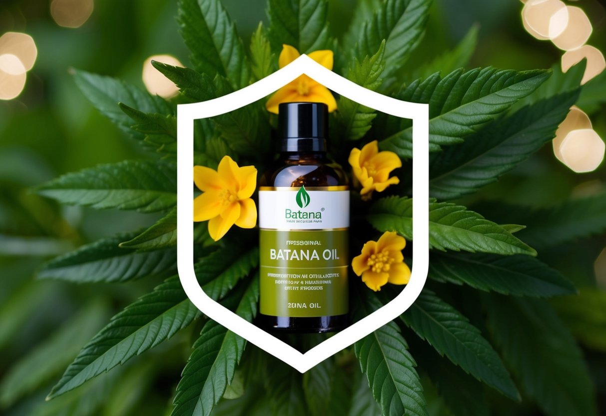 A bottle of batana oil surrounded by leaves and flowers, with a protective shield around it, representing its ability to guard the skin against environmental stressors