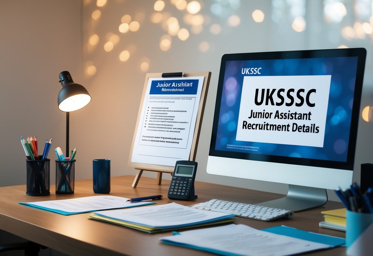 A desk with a computer, papers, and a pen, surrounded by office supplies and a notice board with the UKSSSC Junior Assistant recruitment details