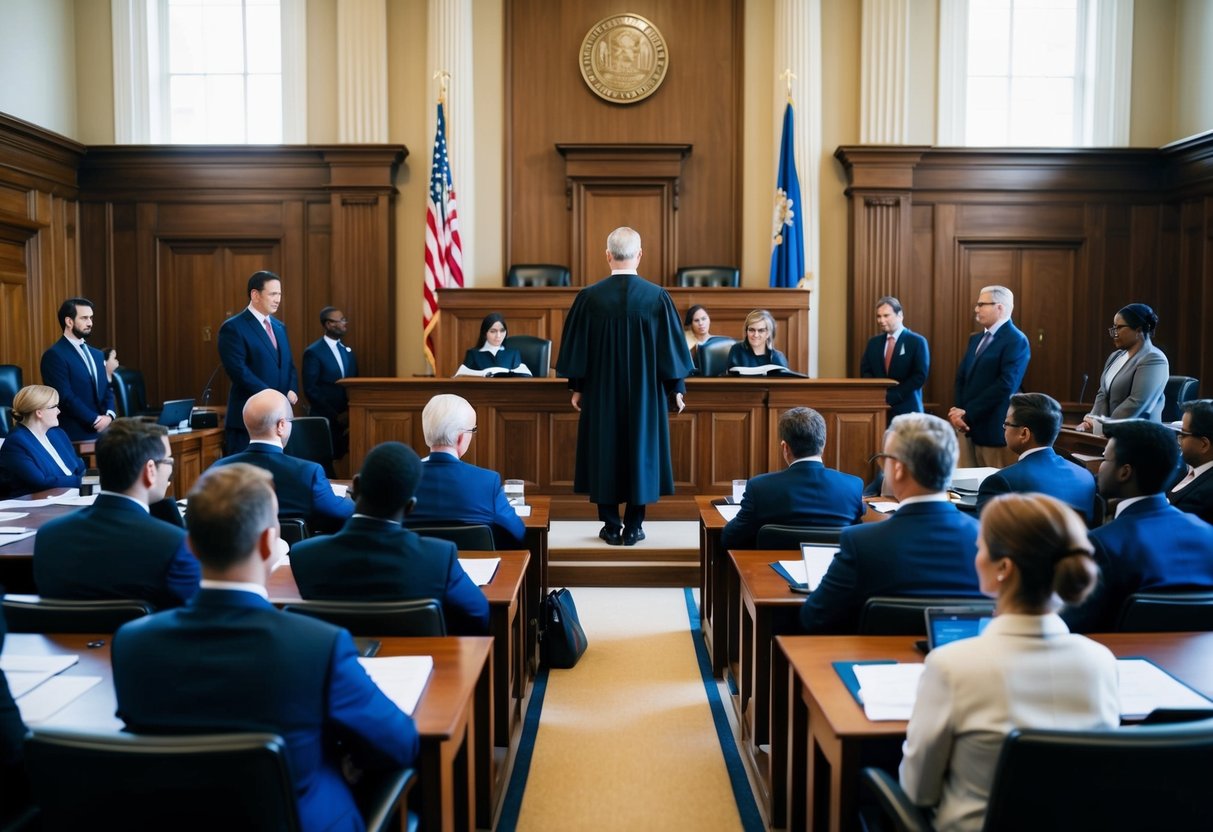 A grand courtroom with a judge presiding over a session, lawyers presenting cases, and potential candidates waiting for their turn to be interviewed