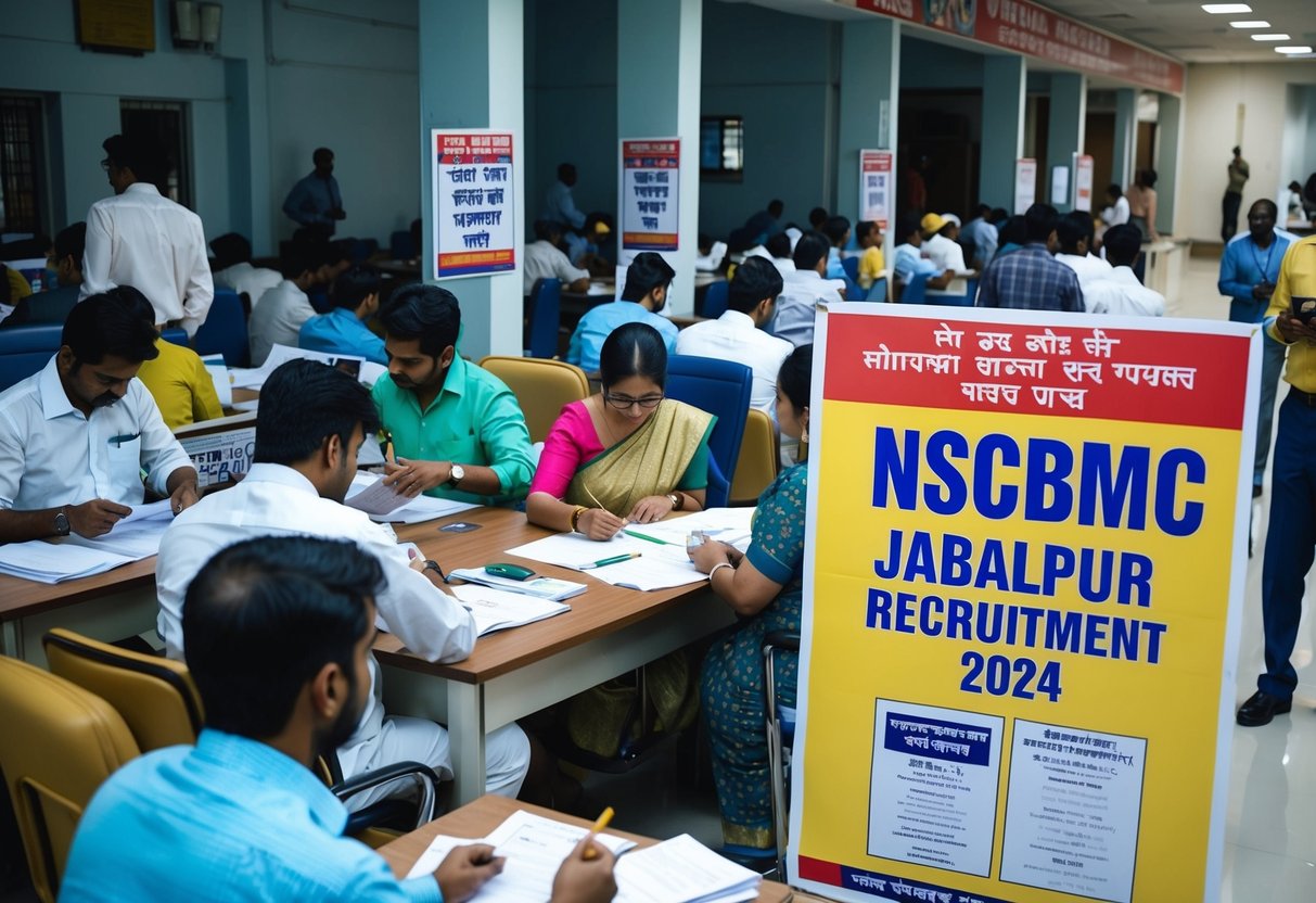 A bustling office with people submitting applications, posters advertising the recruitment, and a sign displaying "NSCBMC Jabalpur Recruitment 2024."