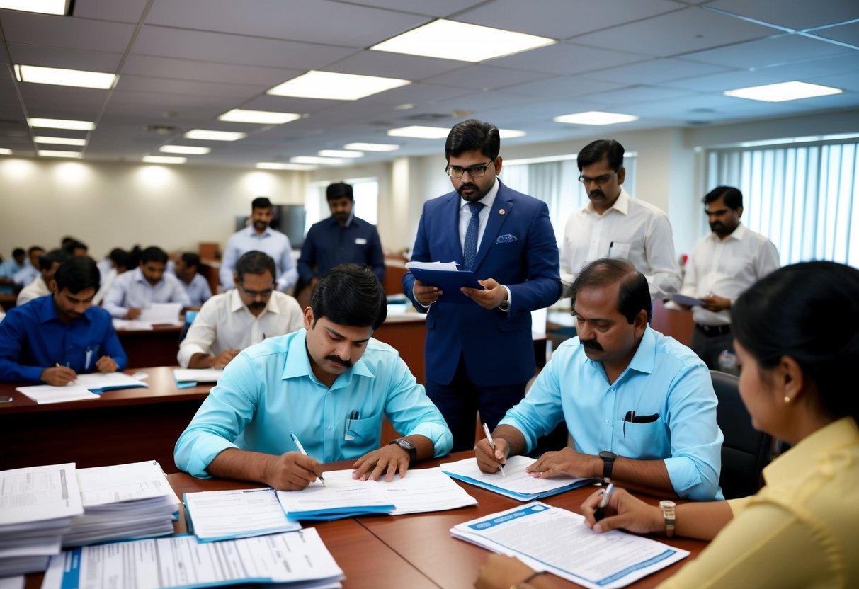 A bustling office with people submitting applications and staff reviewing eligibility documents for KVS Indore Recruitment 2024