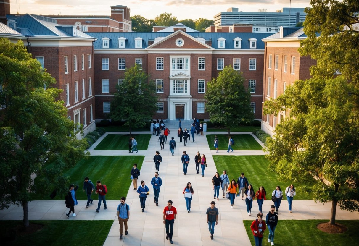 A bustling university campus with various buildings and a central courtyard, surrounded by trees and students walking between classes