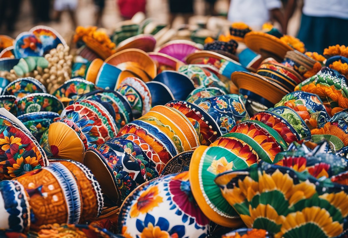 A colorful market stall displays top 10 souvenirs from Cabo, including sombreros, tequila bottles, maracas, and hand-painted ceramics