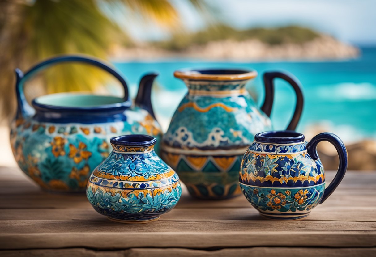 A vibrant display of Talavera pottery arranged on a rustic wooden table with a backdrop of sandy beaches and turquoise waters