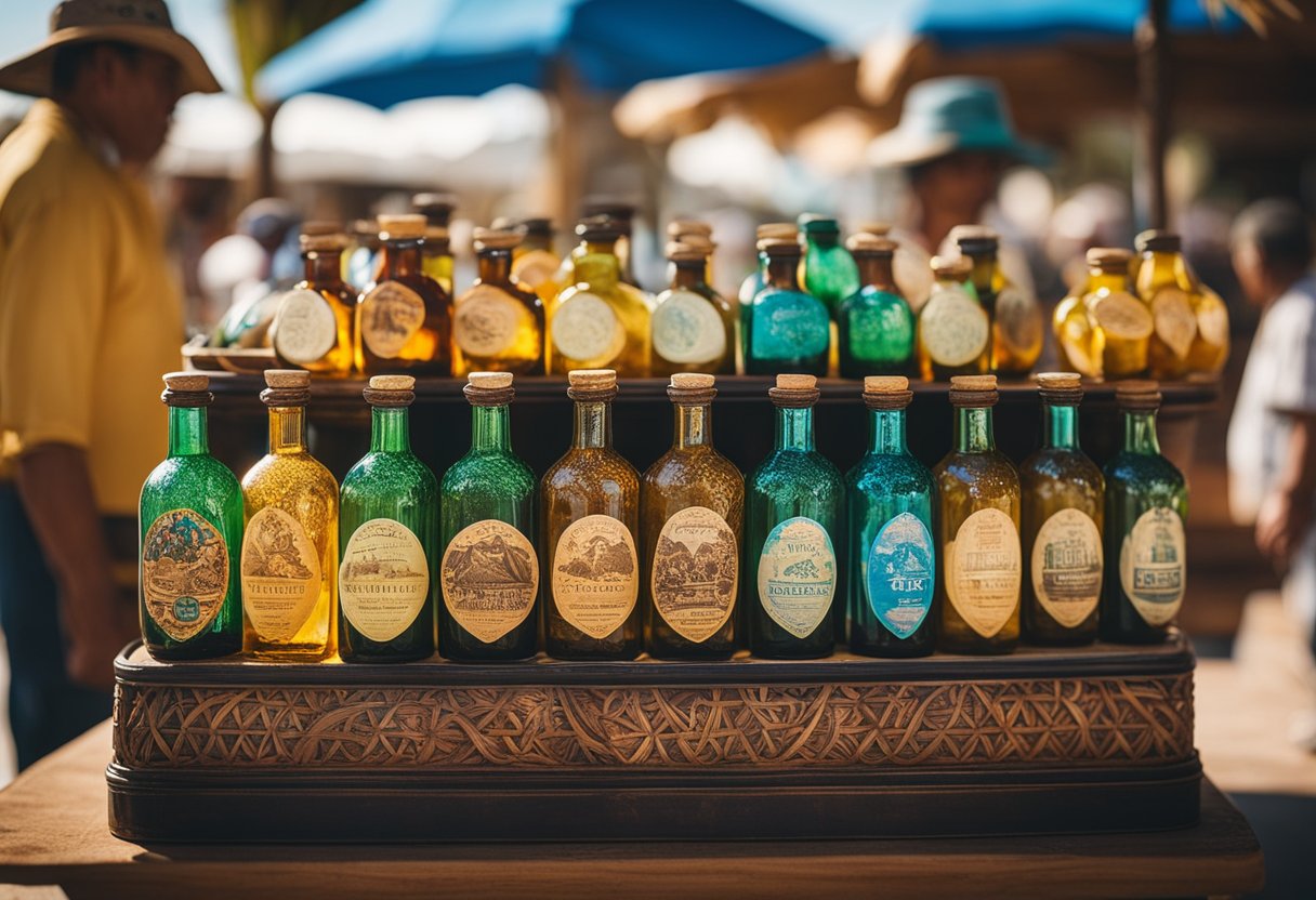 A colorful display of Mexican vanilla bottles and souvenirs in a market stall in Cabo, with palm trees and ocean in the background