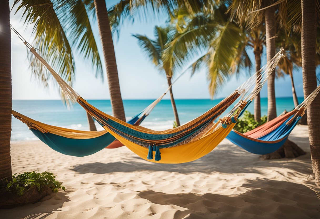 A colorful display of handmade hammocks hanging in a beachside shop, with the ocean in the background and palm trees swaying in the breeze