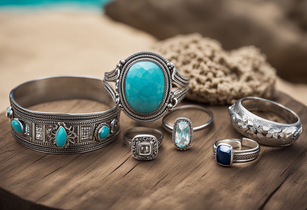 A display of silver jewelry souvenirs from Cabo, arranged on a rustic wooden table with a backdrop of sandy beaches and turquoise waters