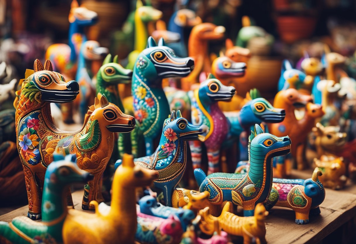Colorful Oaxacan alebrijes displayed in a market stall in Cabo, surrounded by other traditional souvenirs and local crafts