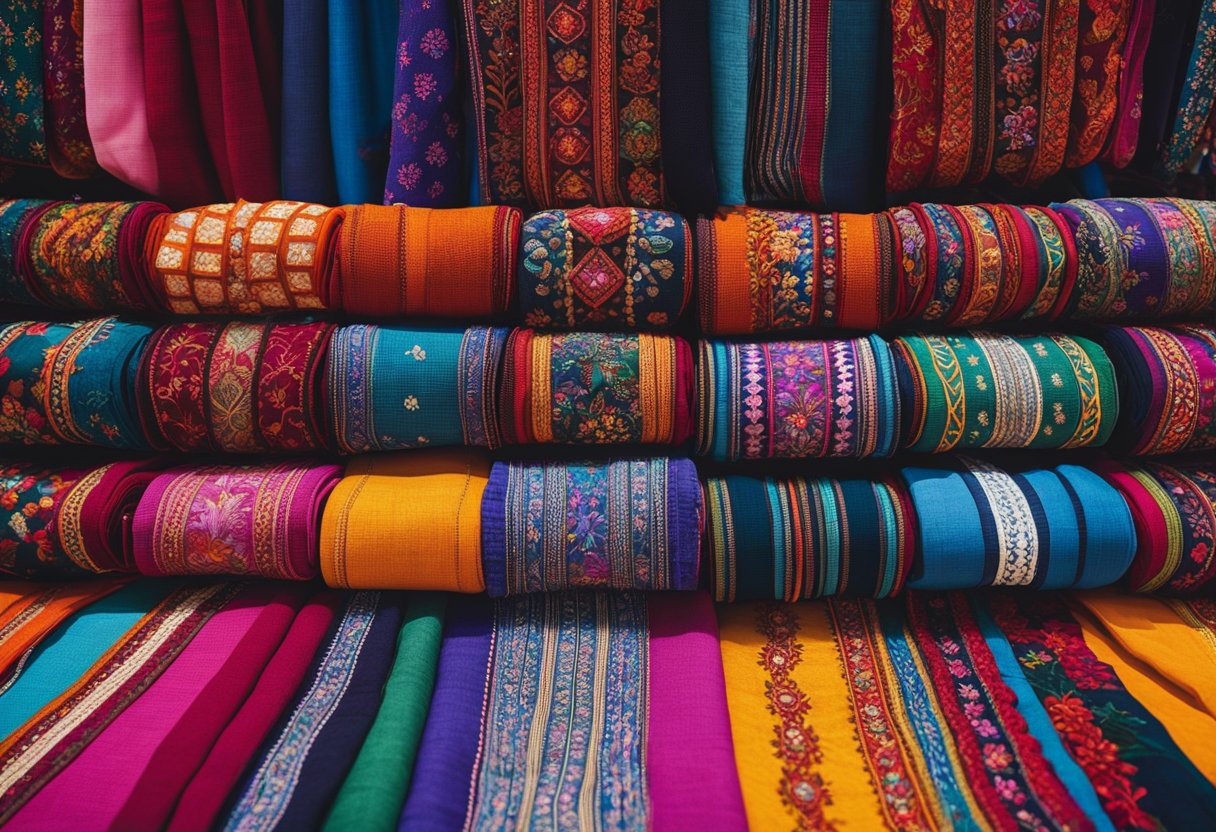 A colorful display of embroidered textiles, featuring intricate patterns and vibrant colors, arranged in a market stall in Cabo