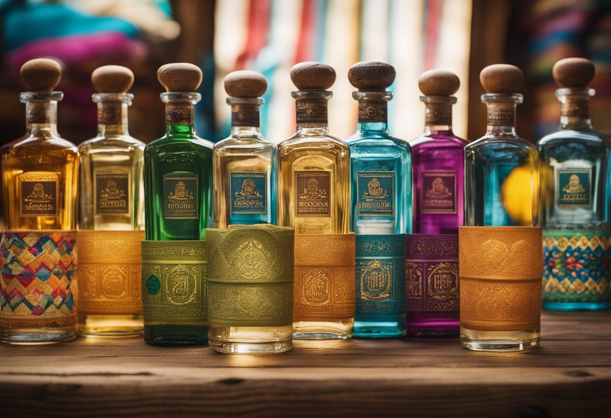 A colorful display of tequila bottles arranged on a rustic wooden shelf, with traditional Mexican pottery and vibrant textiles in the background