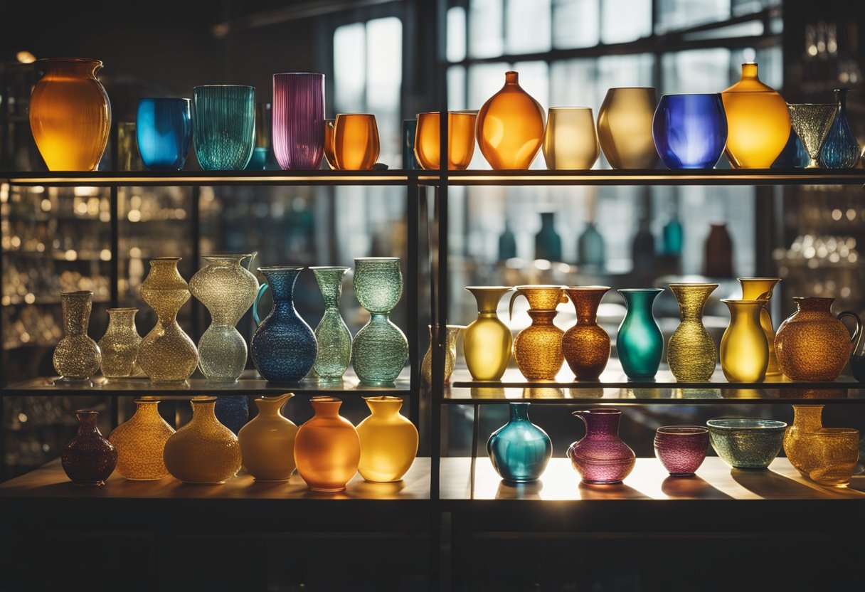 A display of colorful artisan glassware arranged on shelves in a shop, with the sunlight streaming through the windows casting a warm glow on the pieces