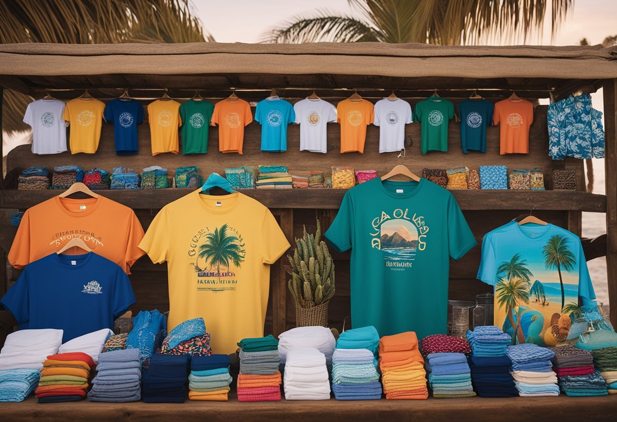 A colorful display of Cabo San Lucas t-shirts and souvenirs arranged on a beachside stall, with the ocean and palm trees in the background
