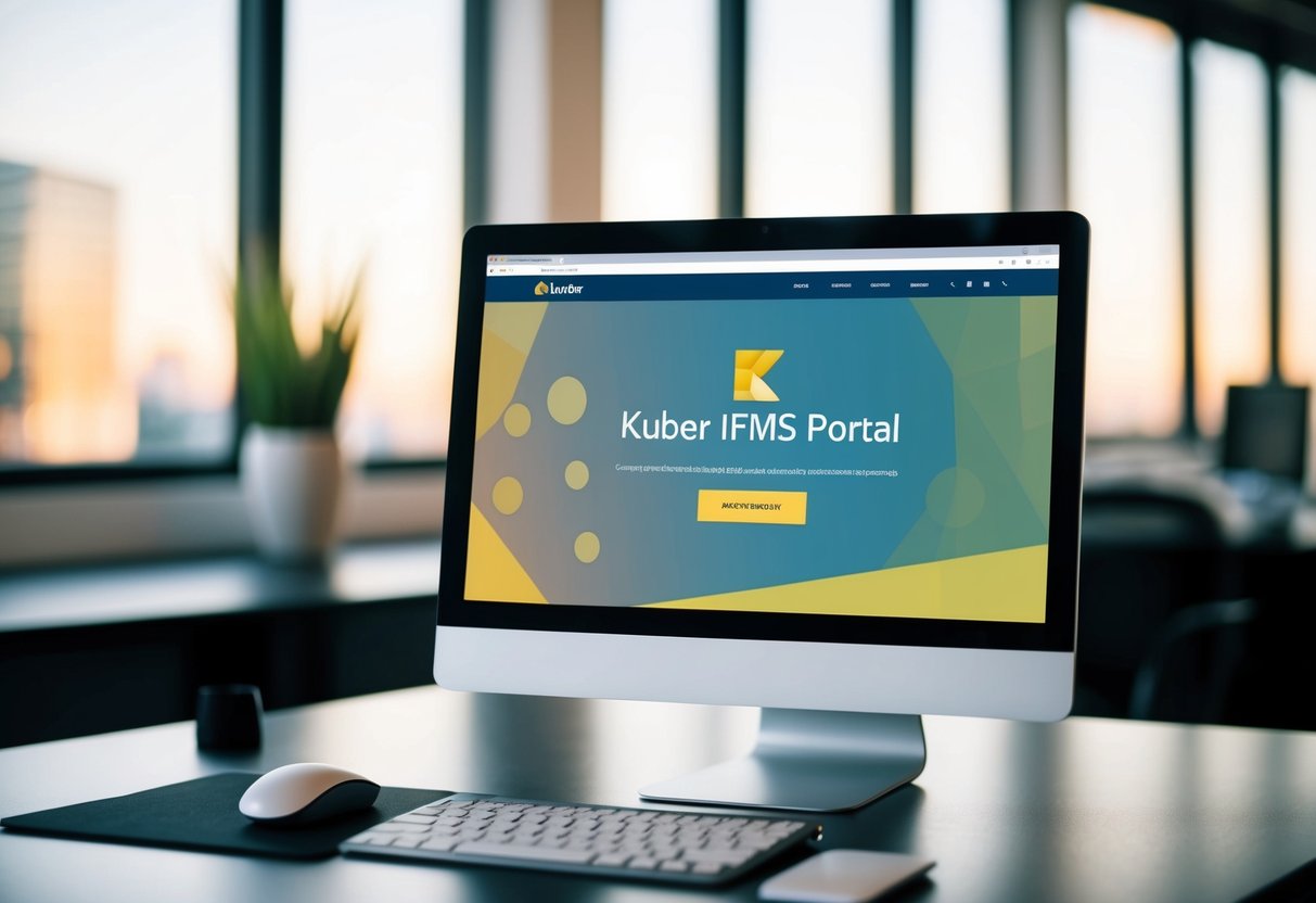 An office desk with a computer screen showing the Kuber IFMS Portal homepage, with a mouse and keyboard nearby