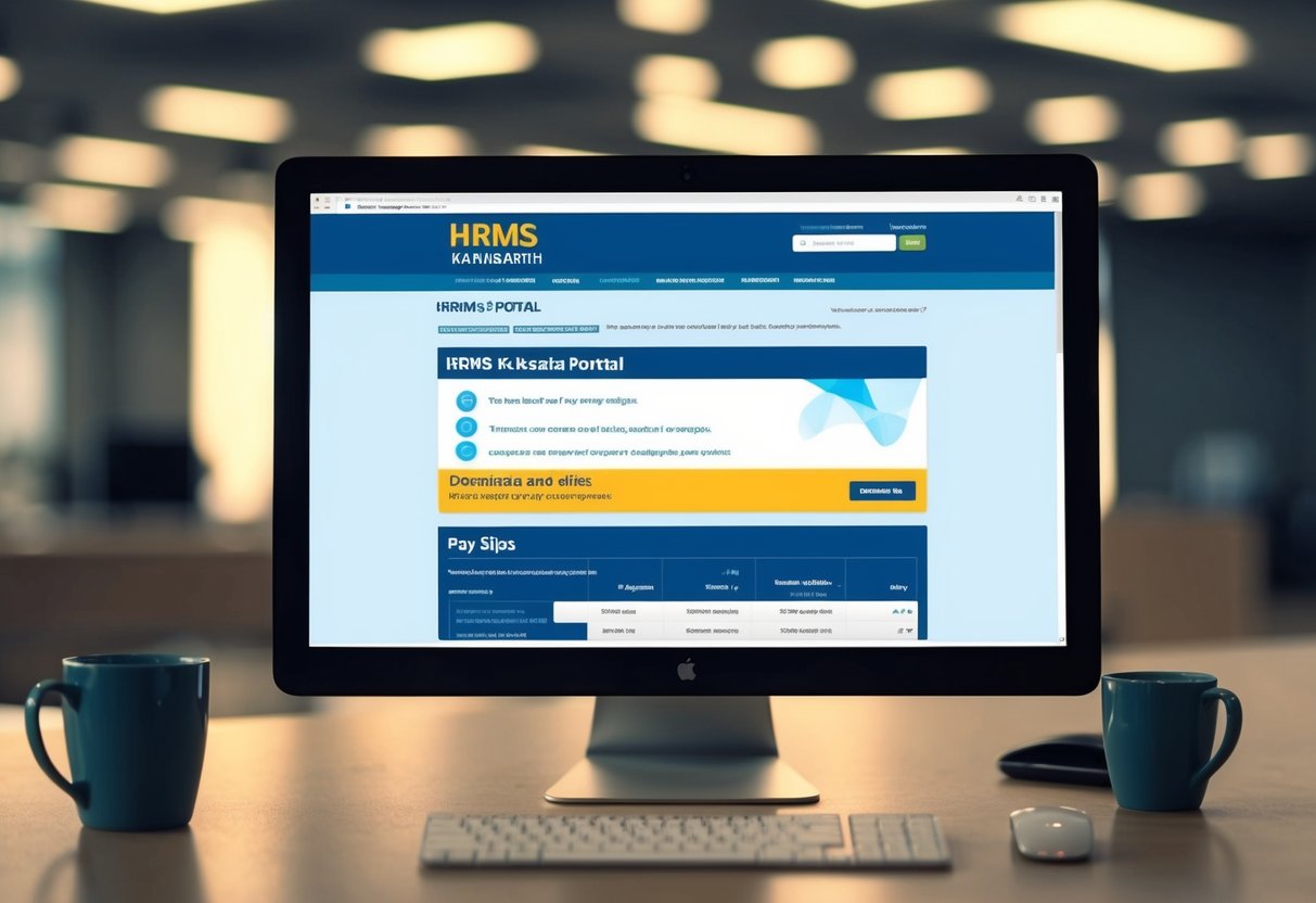 A computer screen displaying the HRMS Karnataka Portal homepage with a section for downloading employee pay slips