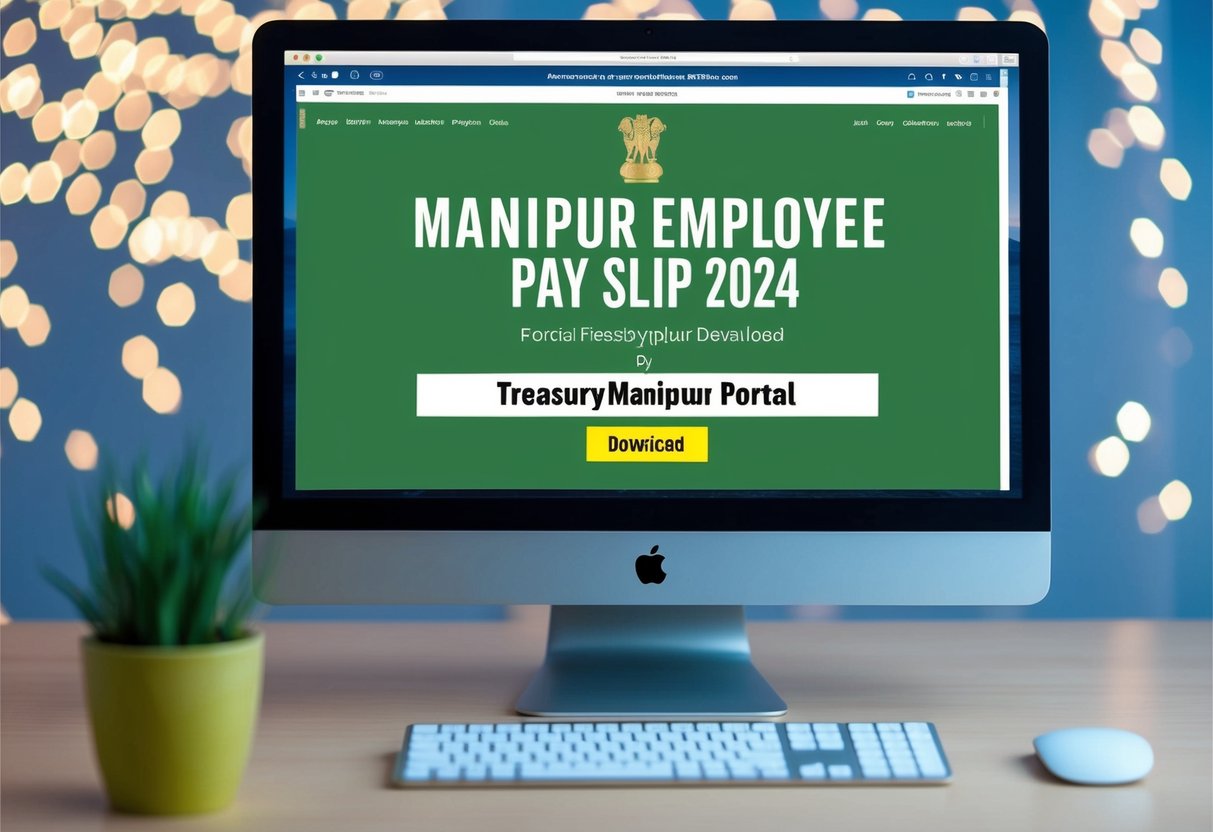 A computer screen displaying the Manipur Employee Pay Slip 2024 webpage with the treasurymanipur portal open for download