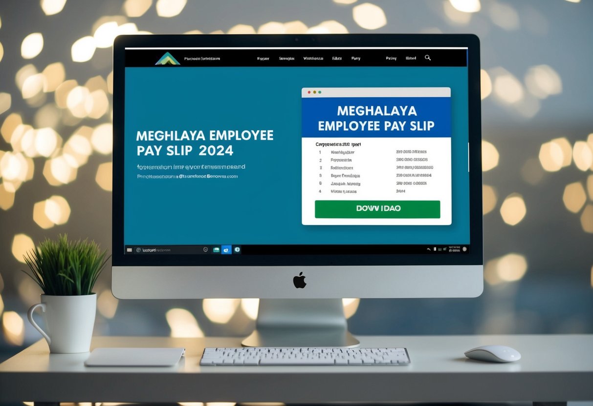 A computer screen displaying the Meghalaya Employee Pay Slip 2024 website with the download button highlighted