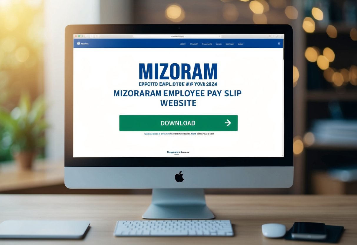 A computer screen displaying the Mizoram Employee Pay Slip 2024 website, with the download button highlighted