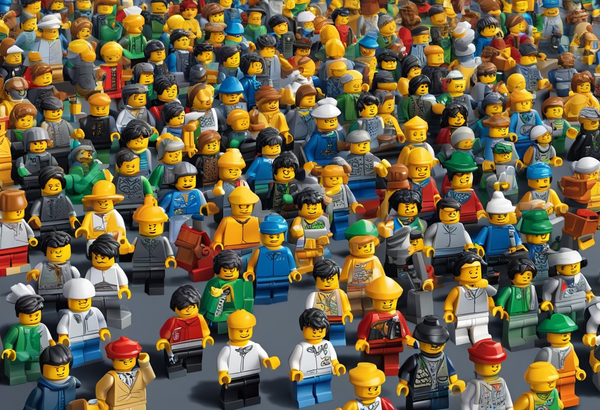 A group of LEGO Minifigures from Series 27 gathered in a vibrant and bustling city square, each character showcasing their unique personality and accessories