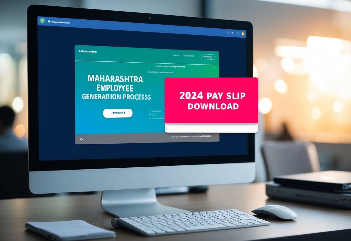 A computer screen displaying the Maharashtra Employee Pay Slip Generation Process website with the 2024 pay slip download option highlighted