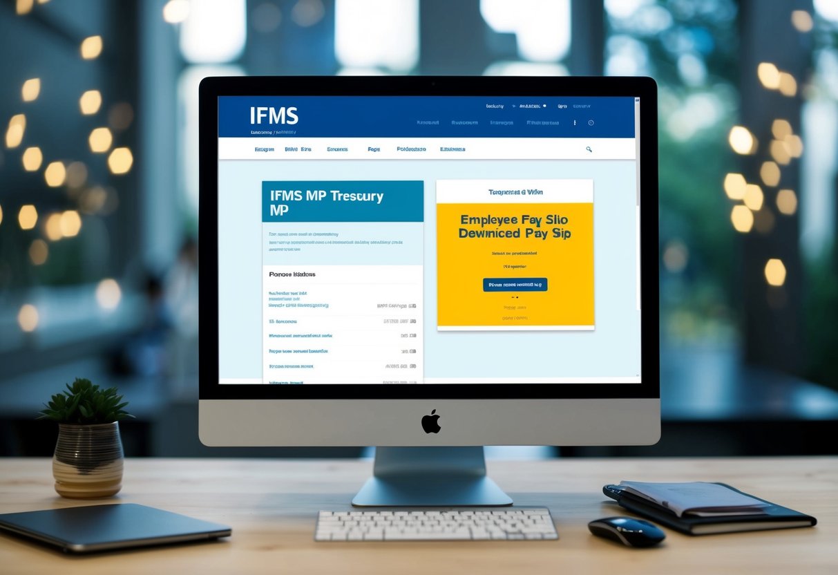 A computer screen displaying the IFMS MP Treasury website with the employee pay slip download page open