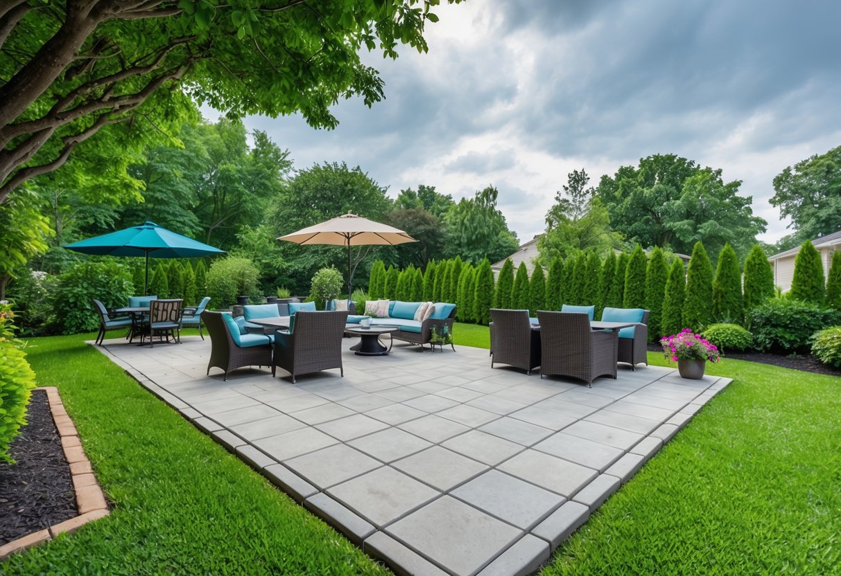 A patio with concrete pavers surrounded by lush greenery and outdoor furniture, enduring various weather conditions