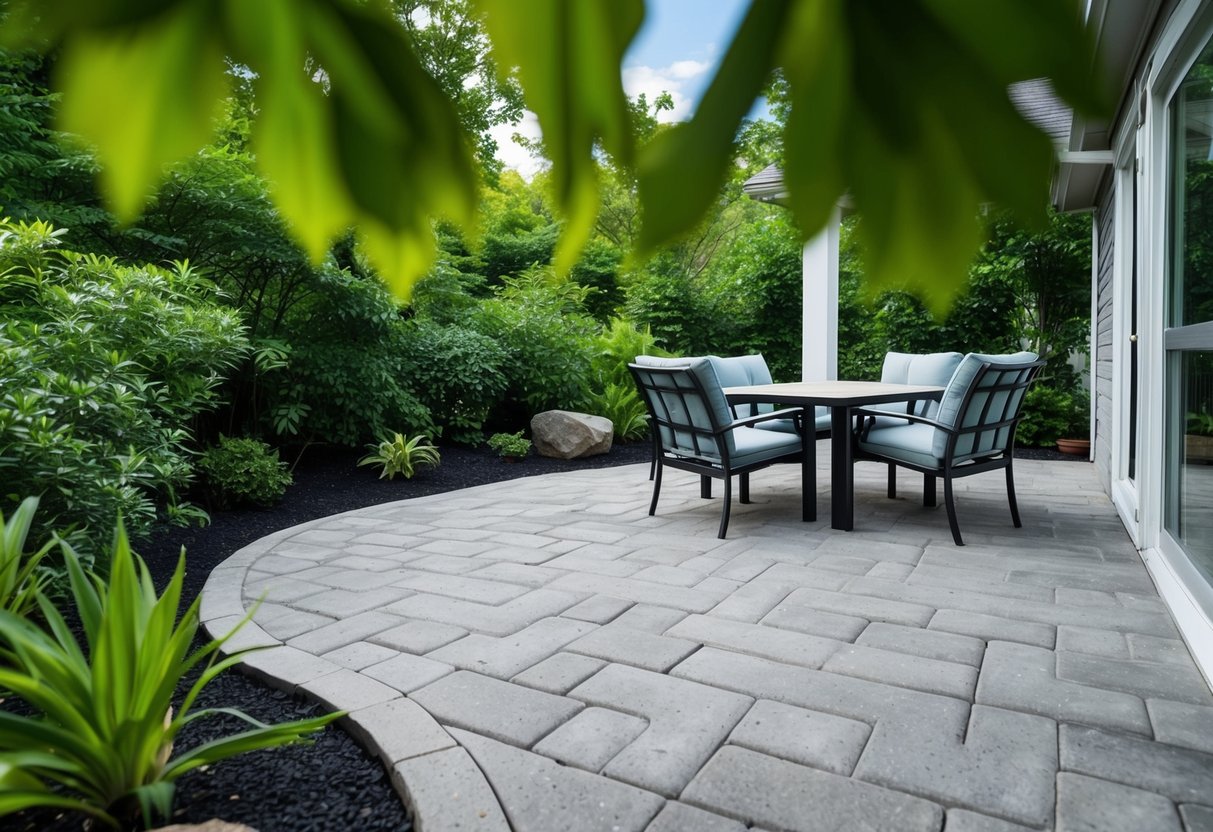 A patio made of concrete pavers, nestled among lush greenery, with a few chairs and a table, showcasing the durability of the material for outdoor spaces