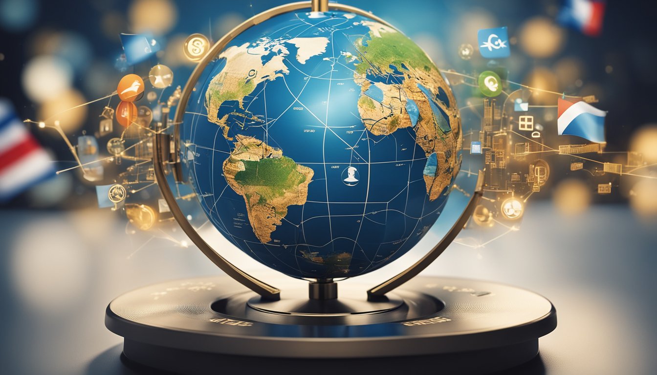 A globe surrounded by interconnected regulatory symbols representing different countries