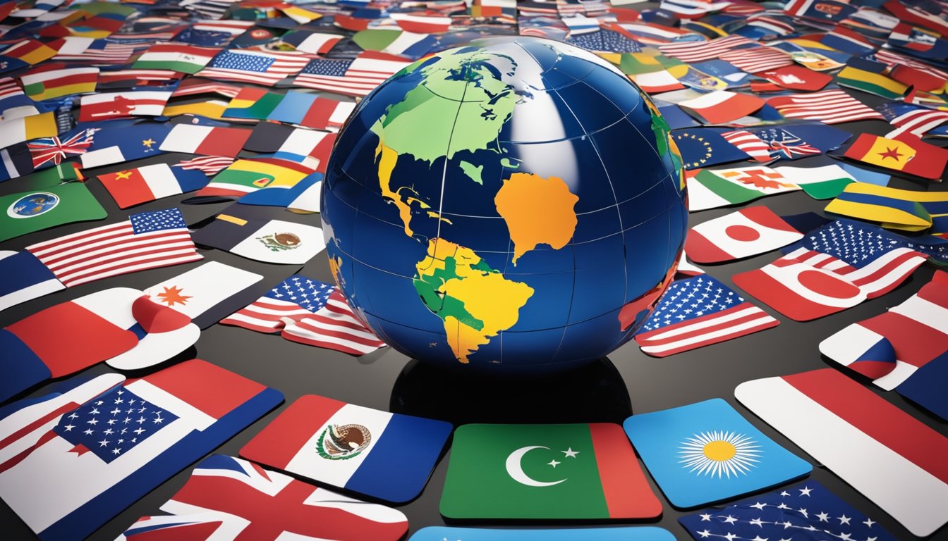 A globe surrounded by various national flags, with a magnifying glass focusing on the United States flag