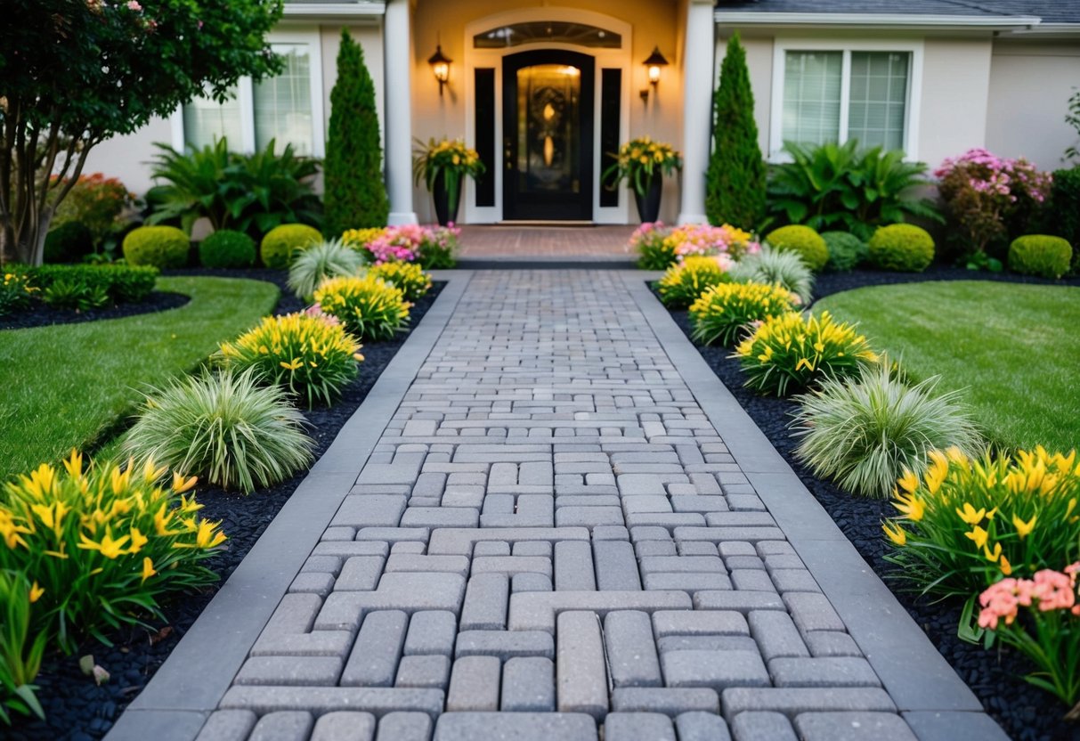 A front yard adorned with a symmetrical pattern of concrete paver walkways, bordered by lush greenery and colorful flowers, leading to a welcoming entrance