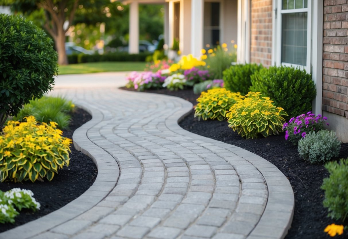 A front yard with a winding pathway of concrete pavers surrounded by lush landscaping and colorful flowers, enhancing the curb appeal of the home