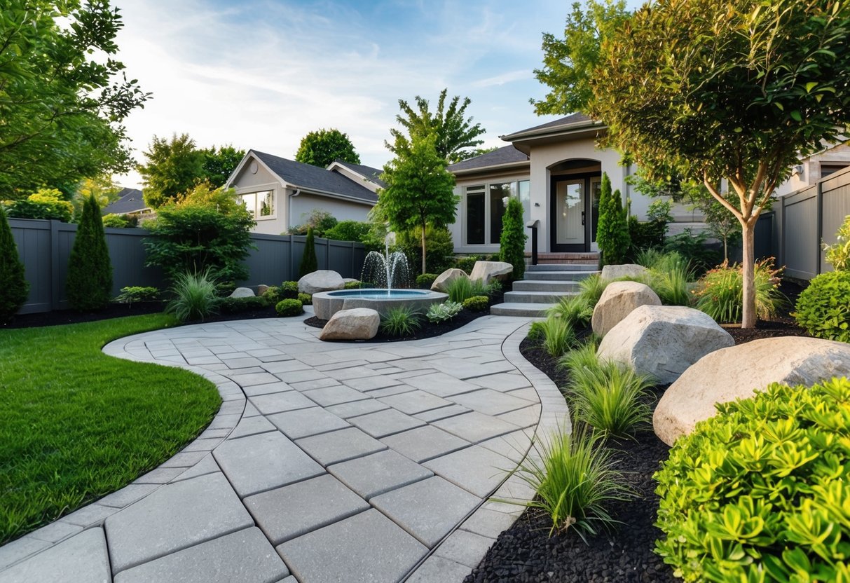 A front yard with a winding pathway of concrete pavers, surrounded by lush greenery and accented with strategically placed hardscaping elements such as decorative boulders and a small fountain