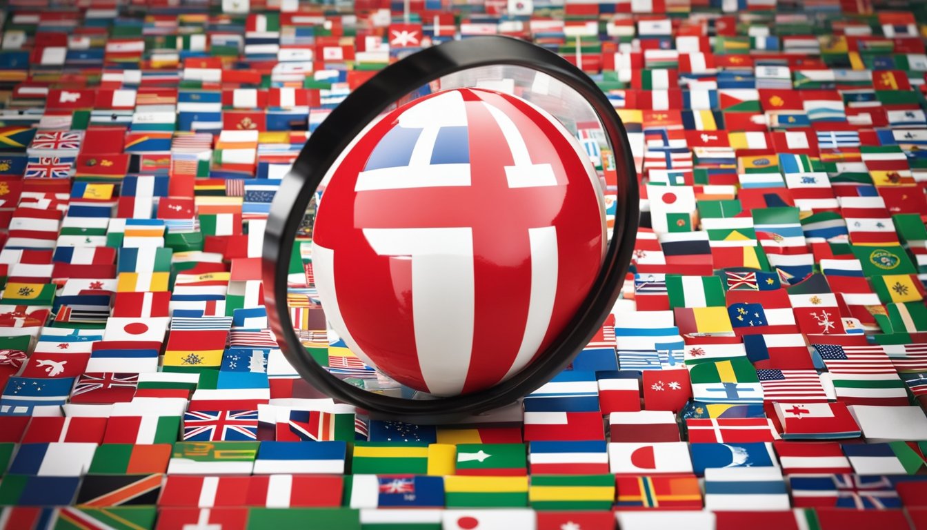 A globe surrounded by various national flags, with a magnifying glass focused on Denmark and Xylooligosaccharides Regulation