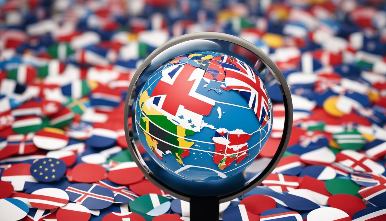 A globe surrounded by various national flags, with a magnifying glass focusing on Norway's flag