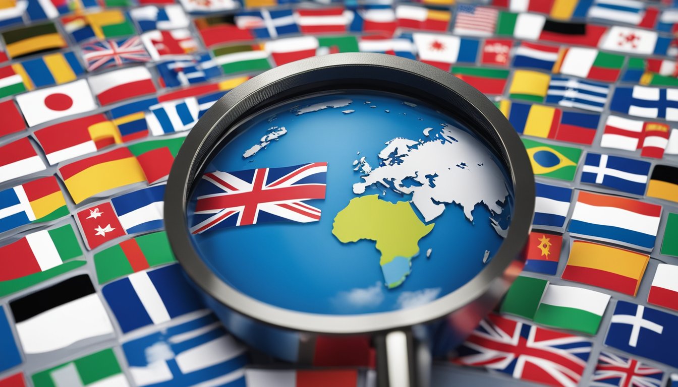 A globe surrounded by flags from various countries, with a magnifying glass focused on the flag of Finland