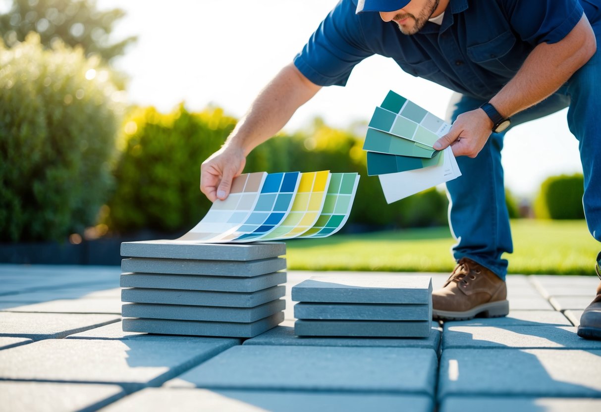 A landscaper carefully selects and compares various color swatches next to a stack of concrete pavers in a sunny outdoor setting