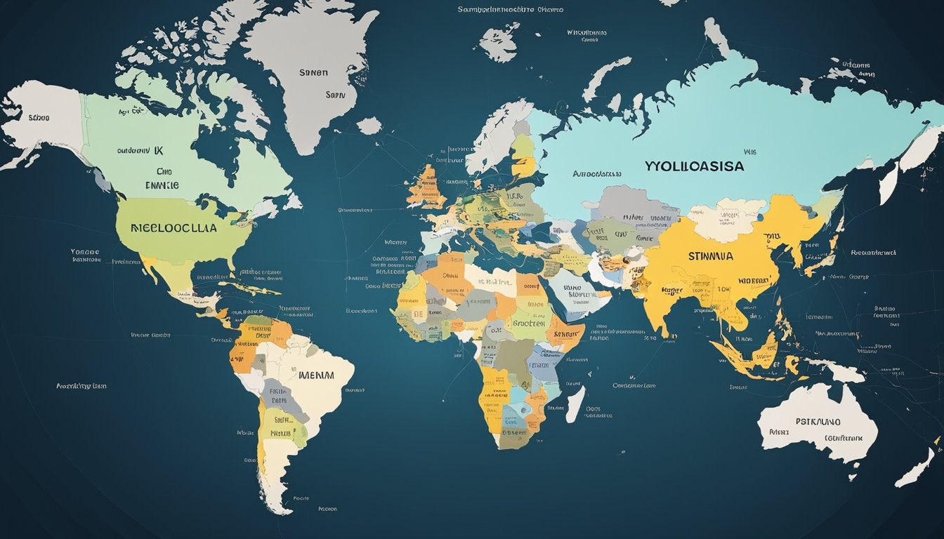 A world map with various countries highlighted, each with different regulations on xylooligosaccharides, represented by different colors or symbols