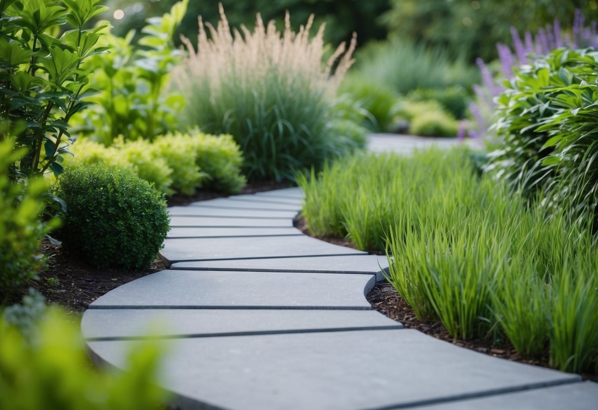 A serene garden with concrete pavers winding through lush greenery, showcasing their environmental benefits. Rainwater is easily absorbed, reducing runoff and supporting local ecosystems