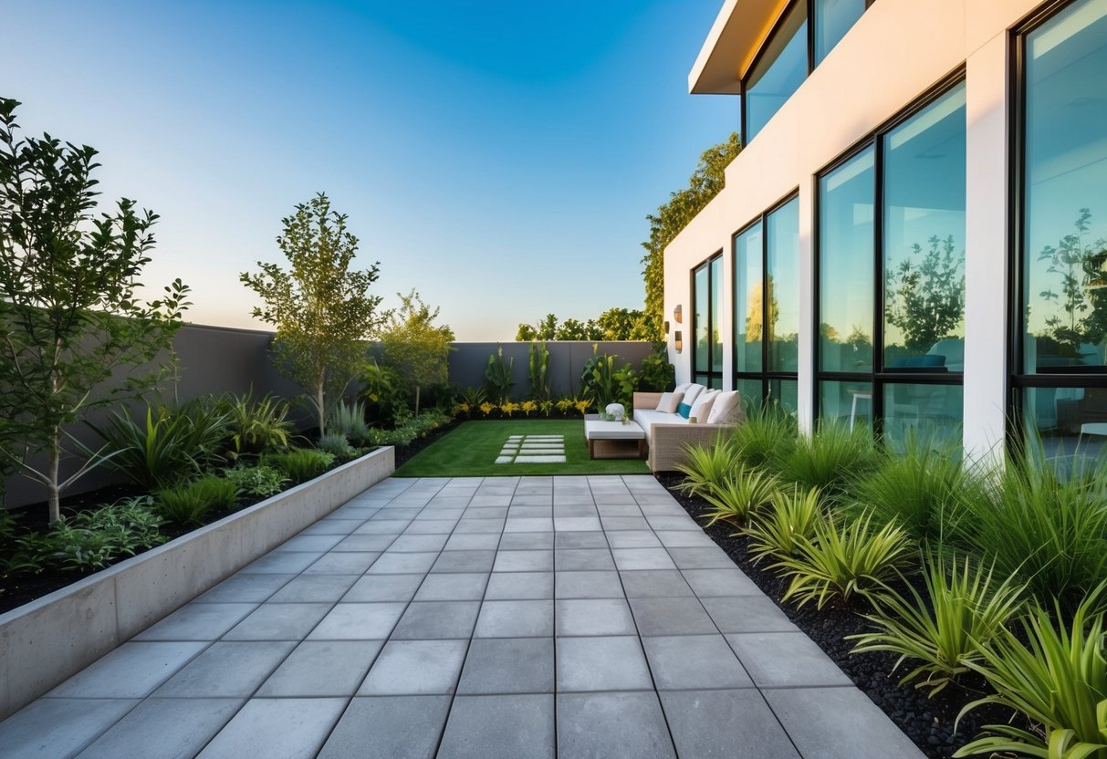 A modern outdoor patio with concrete pavers surrounded by lush greenery and eco-friendly landscaping, showcasing the design and environmental advantages